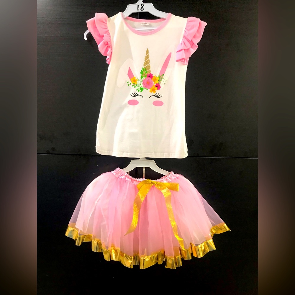 Toddler Girls Unicorn Floral 2 PCS Top Skirt Tutu Tulle Casual Outfit Set Dance